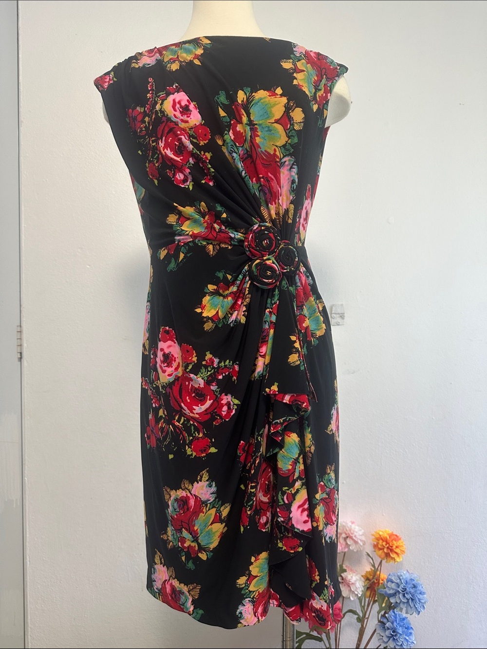Jones New York Black Floral Midi Dress with Rosette Detail
